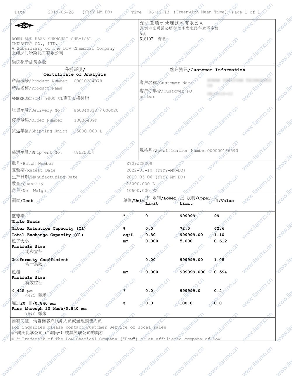 罗门哈斯树脂检测报告